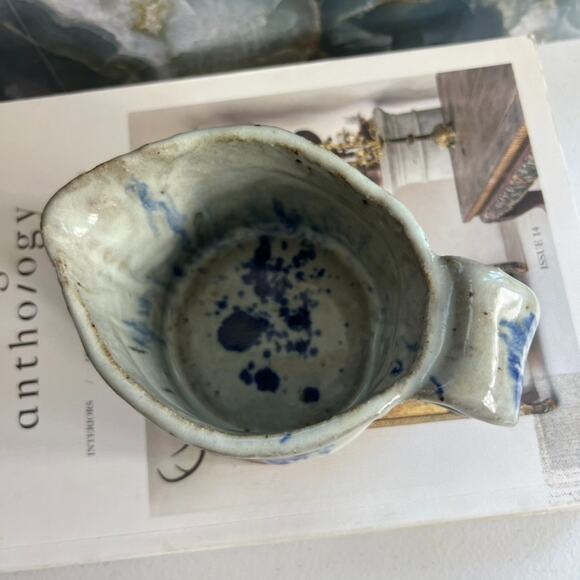 Studio Art Pottery Creamer Cup Handle Blue Gray Stoneware Freeform Drip Glaze - Picture 5 of 8